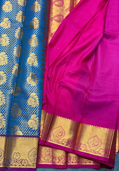 Vegan Silk Saree Sky Blue Colour with Magenta and Copper Border