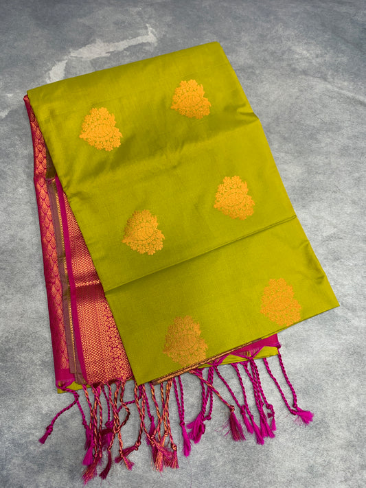 Soft Vegan Silk Saree Lime Green Colour with Pink and Copper Border