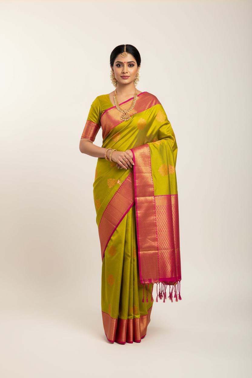 Soft Vegan Silk Saree Lime Green Colour with Pink and Copper Border