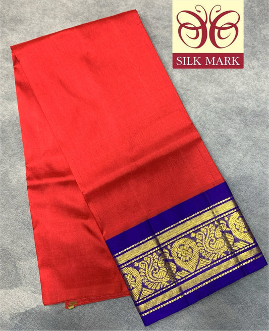 Red Shade Pure Kanchipuram Kids Pattu Pavadai with Contrast Border for age 2 to 5