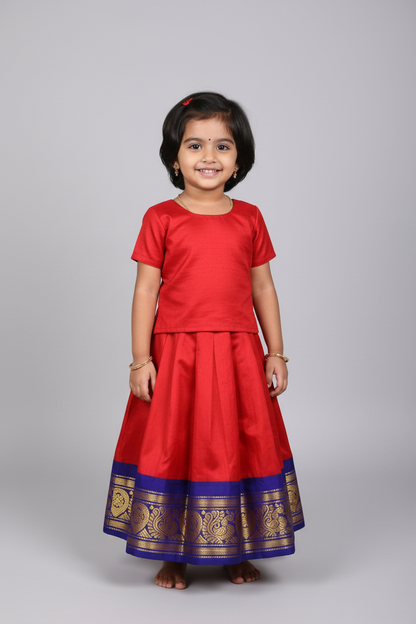 Red Shade Pure Kanchipuram Kids Pattu Pavadai with Contrast Border for age 2 to 5