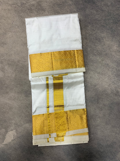Pure Silk Dhoti 8 mulam White Colour with Big Zari Border
