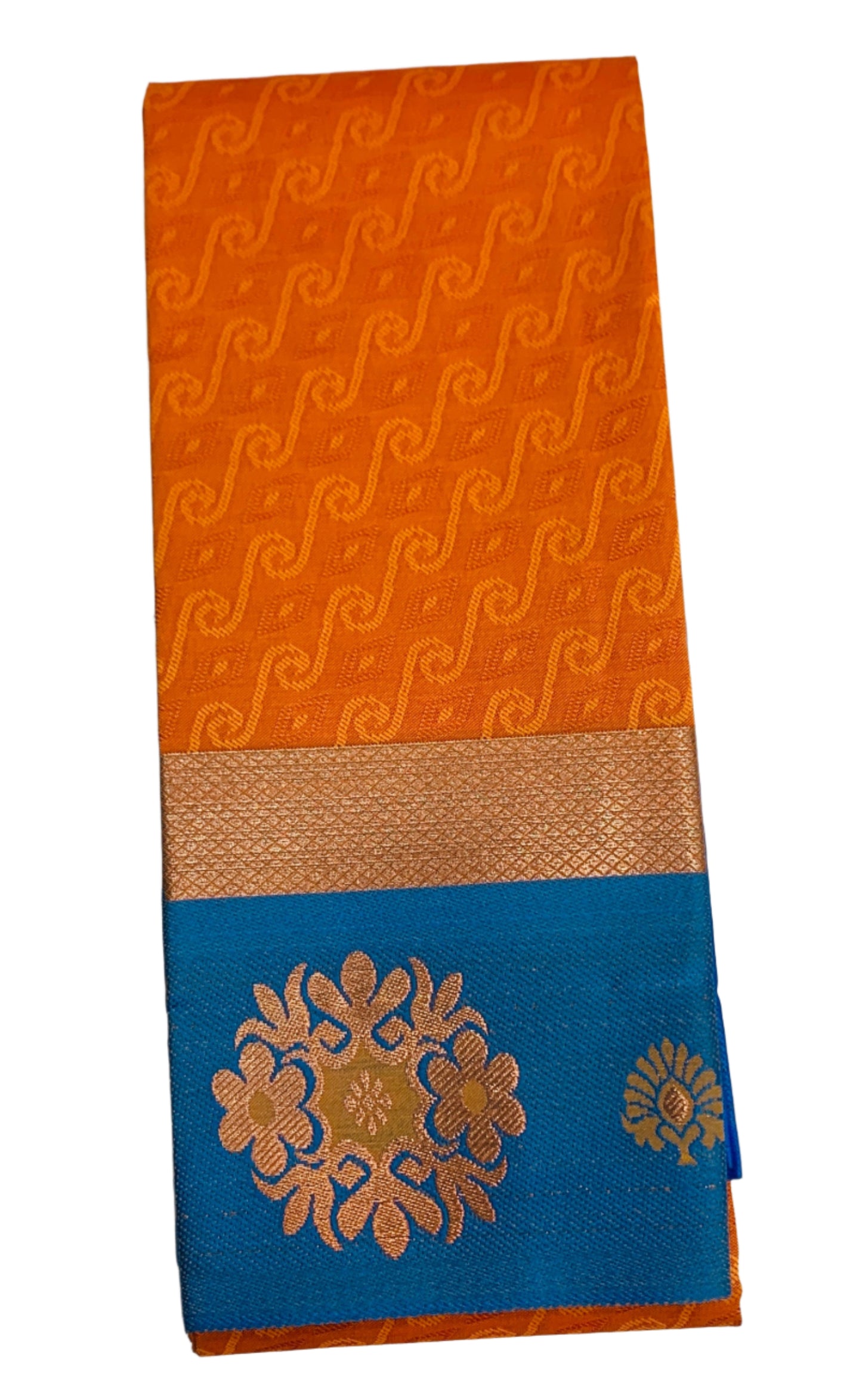 Synthetic Cotton Saree Orange Shade with Sky Blue Border and Floral Design