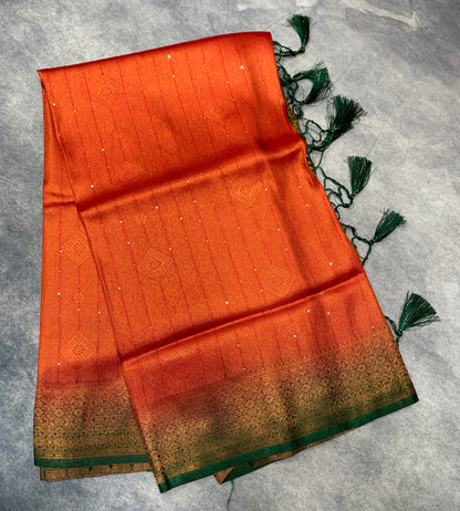 Soft Silk Saree Red Colour and Stone Work with Green Colour Pallu
