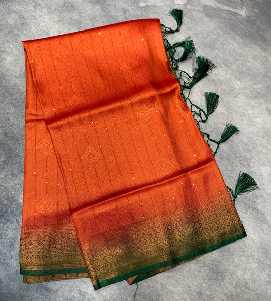 Soft Silk Saree Red Colour and Stone Work with Green Colour Pallu