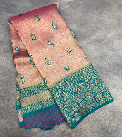 Fancy Tissue Saree Golden Pink Colour with Sapphire Border