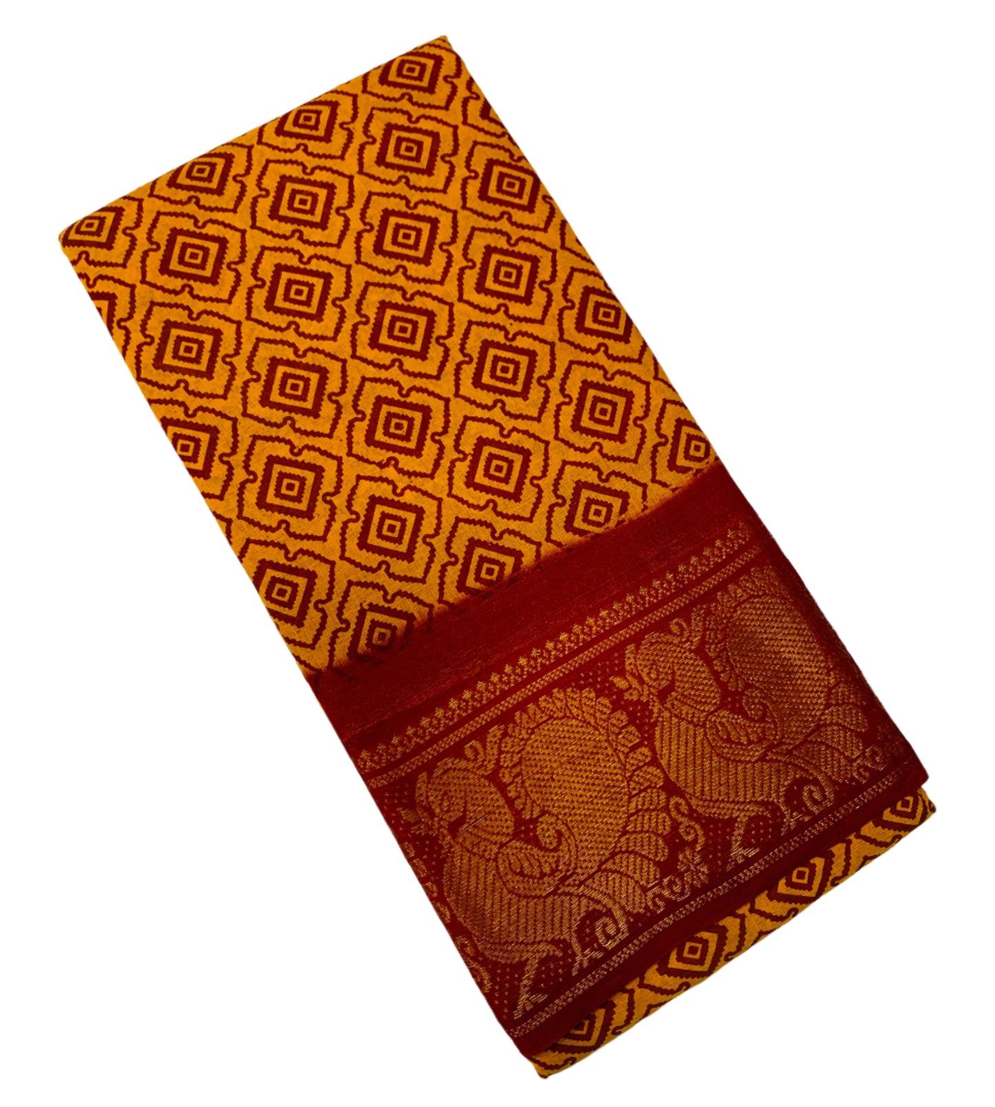 Chettinad Sungudi Cotton Mustard Colour with Maroon Border