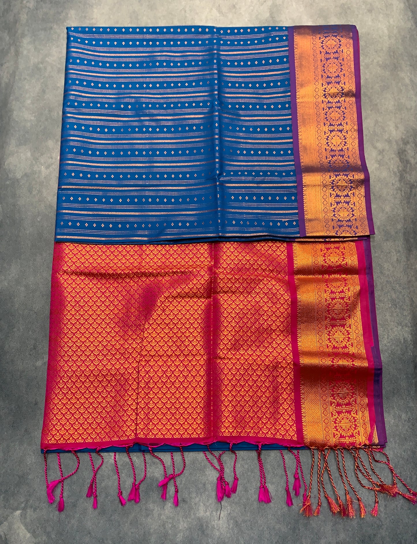 Soft Vegan Silk Saree Sky Blue Colour with Pink and Copper Border