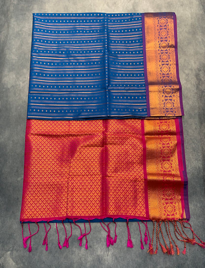 Soft Vegan Silk Saree Sky Blue Colour with Pink and Copper Border