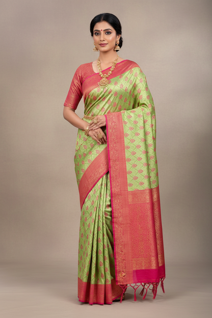 Fancy Tissue Saree Apple Green Colour with Pink Border