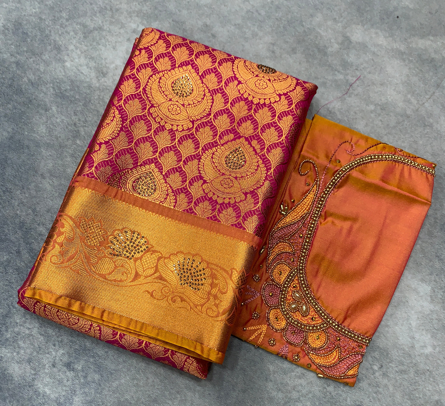 Bridal Vegan Silk Saree Pink Colour with Golden Yellow Border with Unstitched blouse in Aari Work