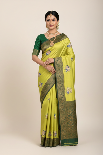 Fancy Tissue Saree Olive Green Colour with Green Border