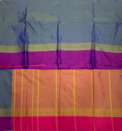 Arani Silk Saree Peacock Blue Colour with Purple and Golden Zari Border