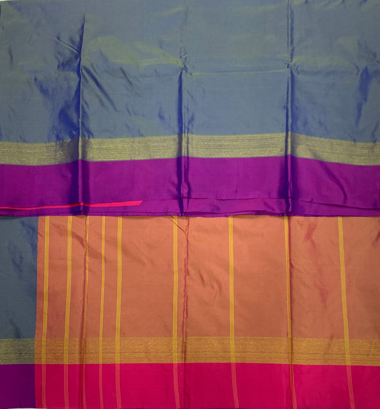 Arani Silk Saree Peacock Blue Colour with Purple and Golden Zari Border