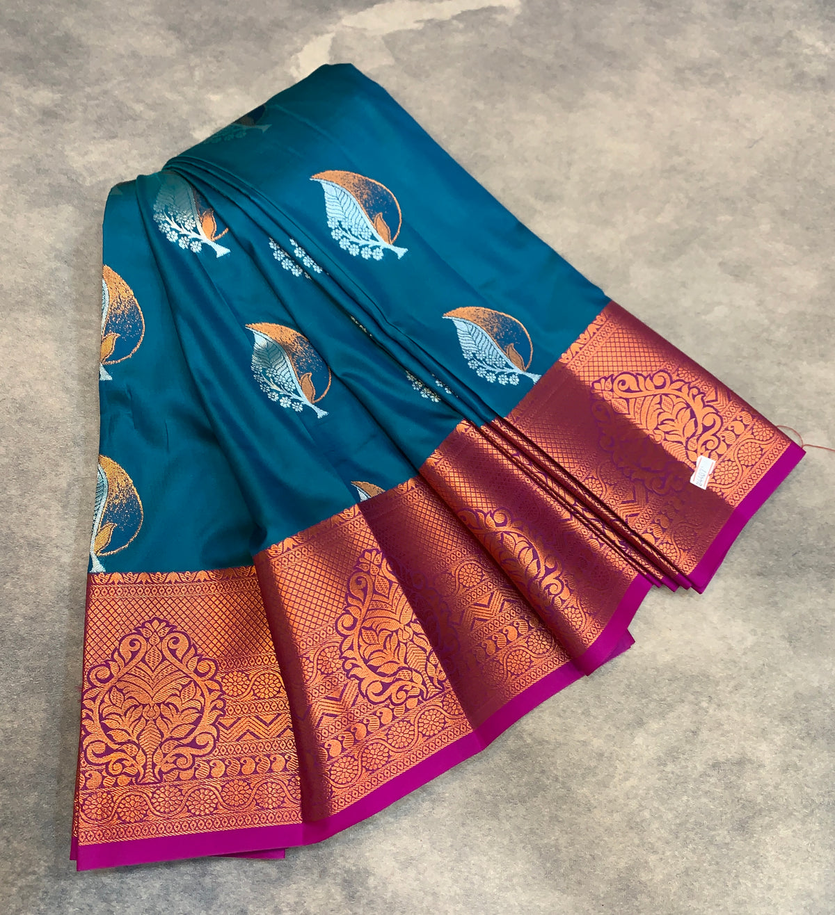 Soft Silk Casual Saree Peacock Blue with Magenta Colour Border
