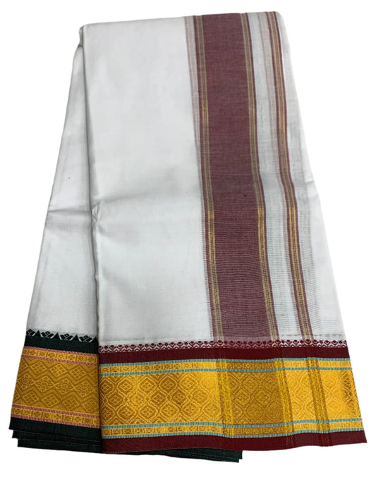 9X5 Cotton Dhoti White Colour with Yellow and  Brown Border