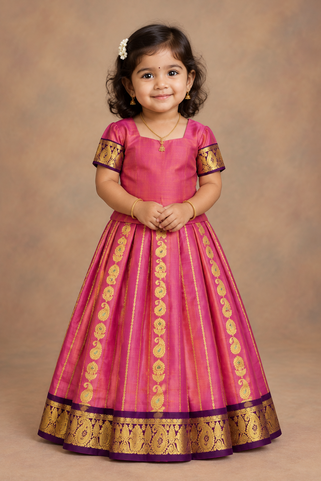 Vibrant Pink Shade Semi Silk Kids Pattu Pavadai with Contrast border for Age 2 to 5 Years