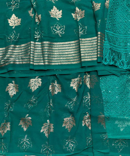 Rama Green Colour Saree with Golden Colour border