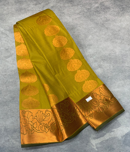 Vegan Silk Saree Lime Green Colour Saree with Copper Border