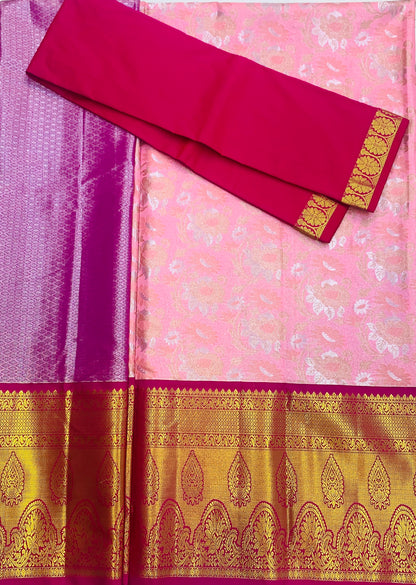 Baby Pink Shade Vegan Silk Half Saree Contrast Border for age above 10 years