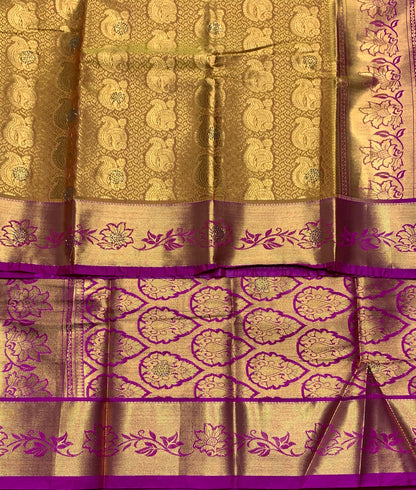 Vegan Silk Saree Golden Yellow Colour with Copper and Pink Border