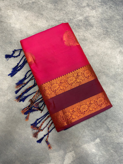 Soft Vegan Silk Saree Pink Colour with Rettai Pettu Border