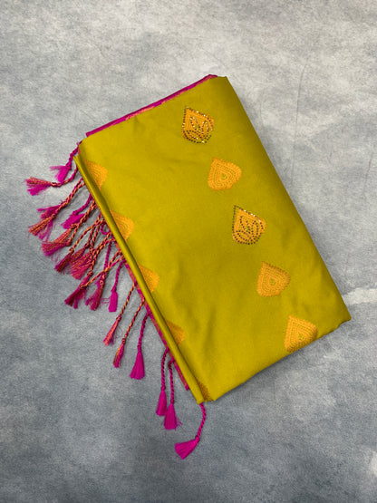 Soft Vegan Silk Saree Lime Green Colour with Pink and Copper Border