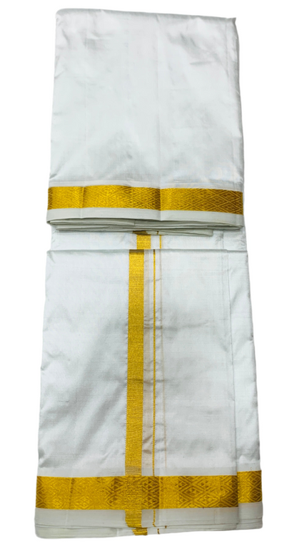 9X5 Pure Silk Dhoti White Colour with Medium Border