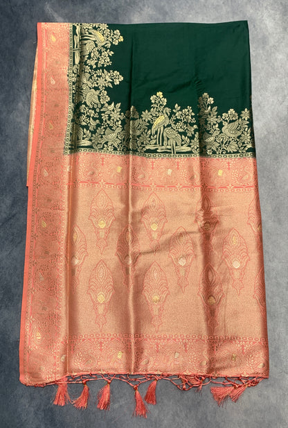 Soft Silk Casual Saree Green Colour with Peach Colour Border