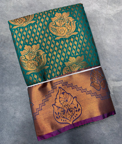 Vegan Silk Saree Green Colour with Copper and Magenta Border