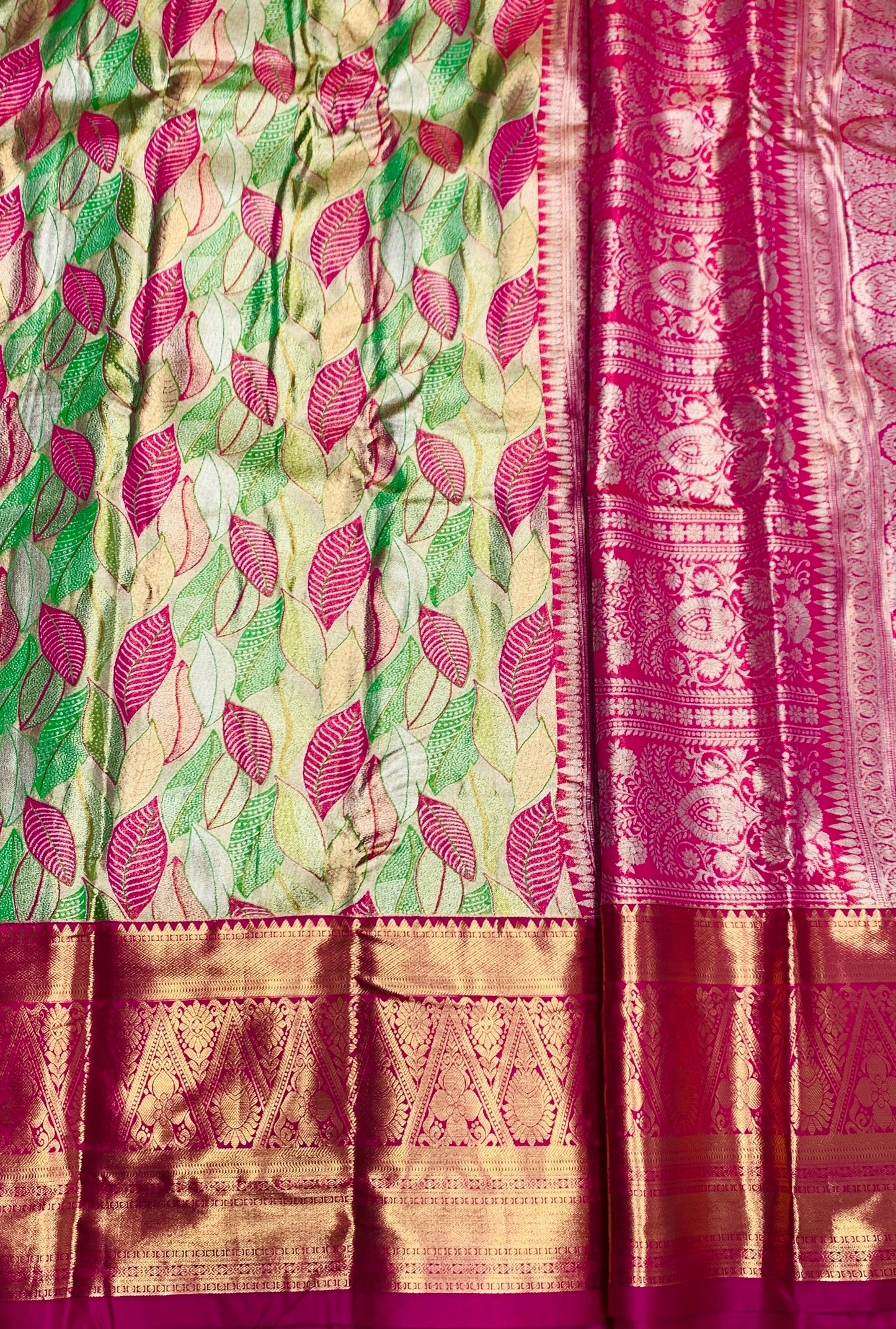 Light Green & Pink Leaf Soft Kanchi Tissue Pattu Saree with Pink border