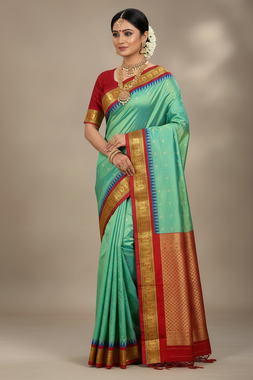 Pure Kanchipuram Silk Saree Dual Shade with Contrast Red Annam Border