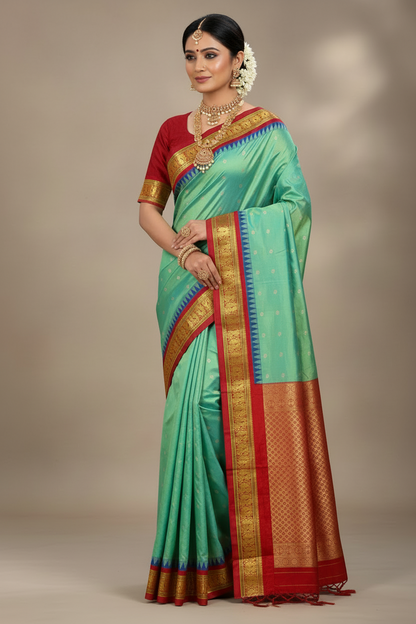 Pure Kanchipuram Silk Saree Dual Shade with Contrast Red Annam Border