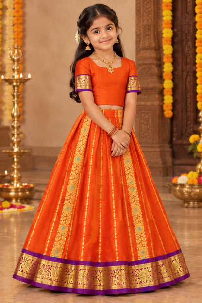 Orange shade Semi Silk Kids Pattu Pavadai with Contrast border for age above 10 years