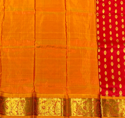 Red Shade Pure Kanchipuram Kids Pattu Pavadai with Contrast Border for Newborn to 2 Years
