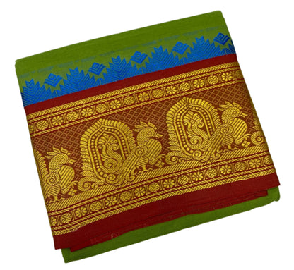 9X5 Cotton Dhoti Olive Green Colour with Red and Green Border