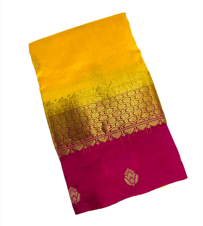 Pure Kanchipuram Silk Yellow Colour with Pink Border