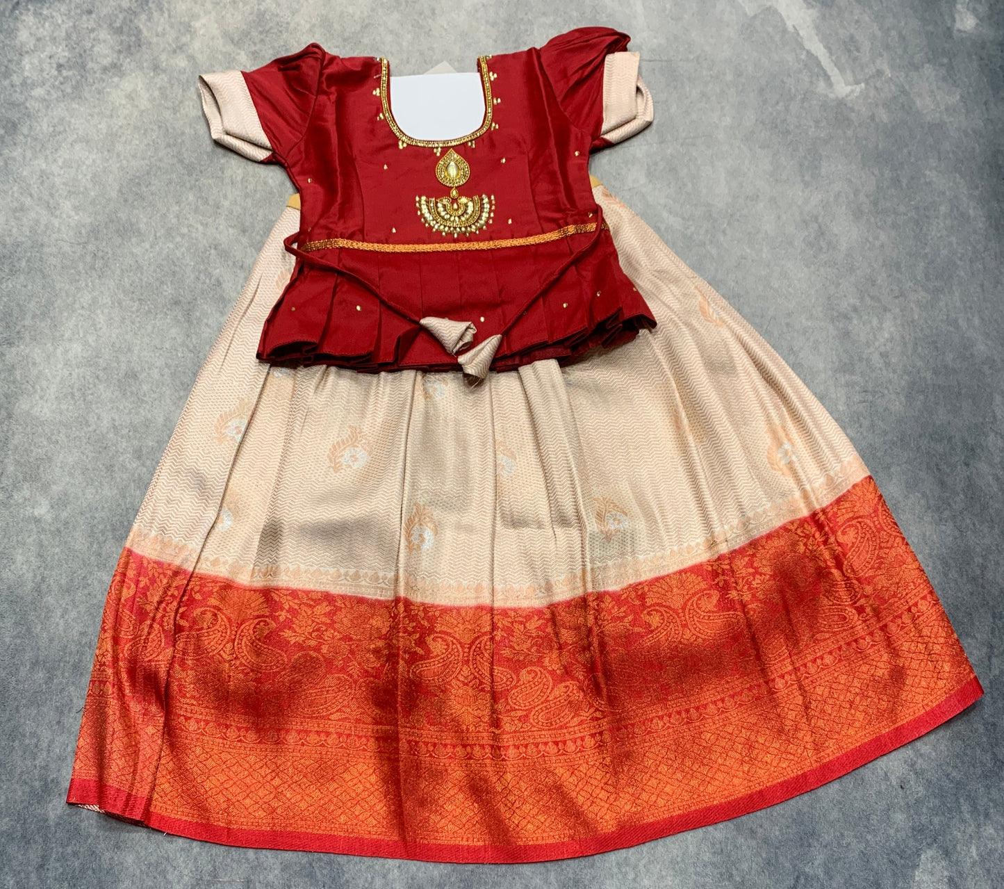 Ready To Wear Ivory Colour Pavadai with Contrast Maroon Colour Blouse