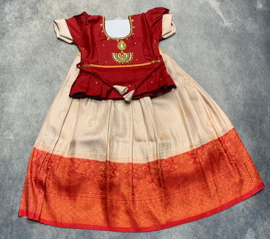 Ready To Wear Ivory Colour Pavadai with Contrast Maroon Colour Blouse