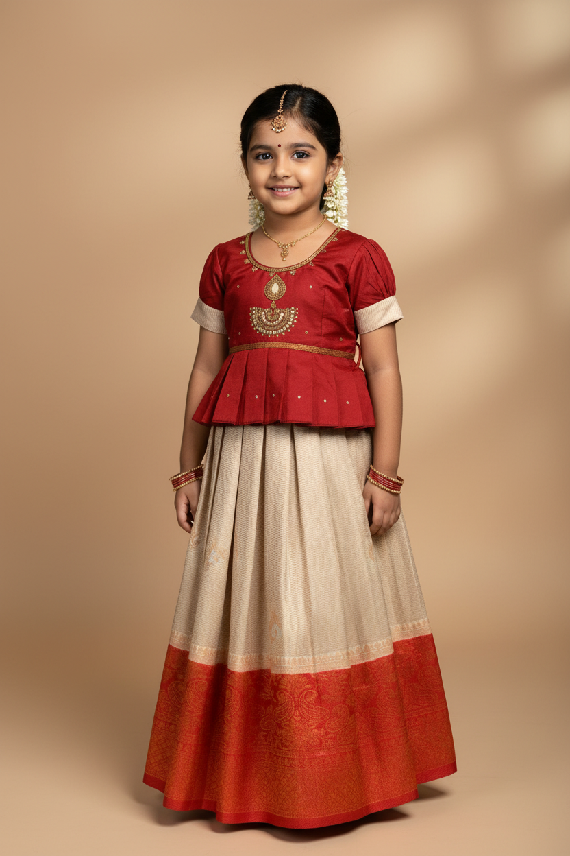 Ready To Wear Ivory Colour Pavadai with Contrast Maroon Colour Blouse