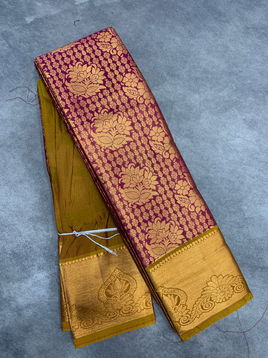 Vegan Silk Saree Maroon Colour with Golden Yellow and Copper Border