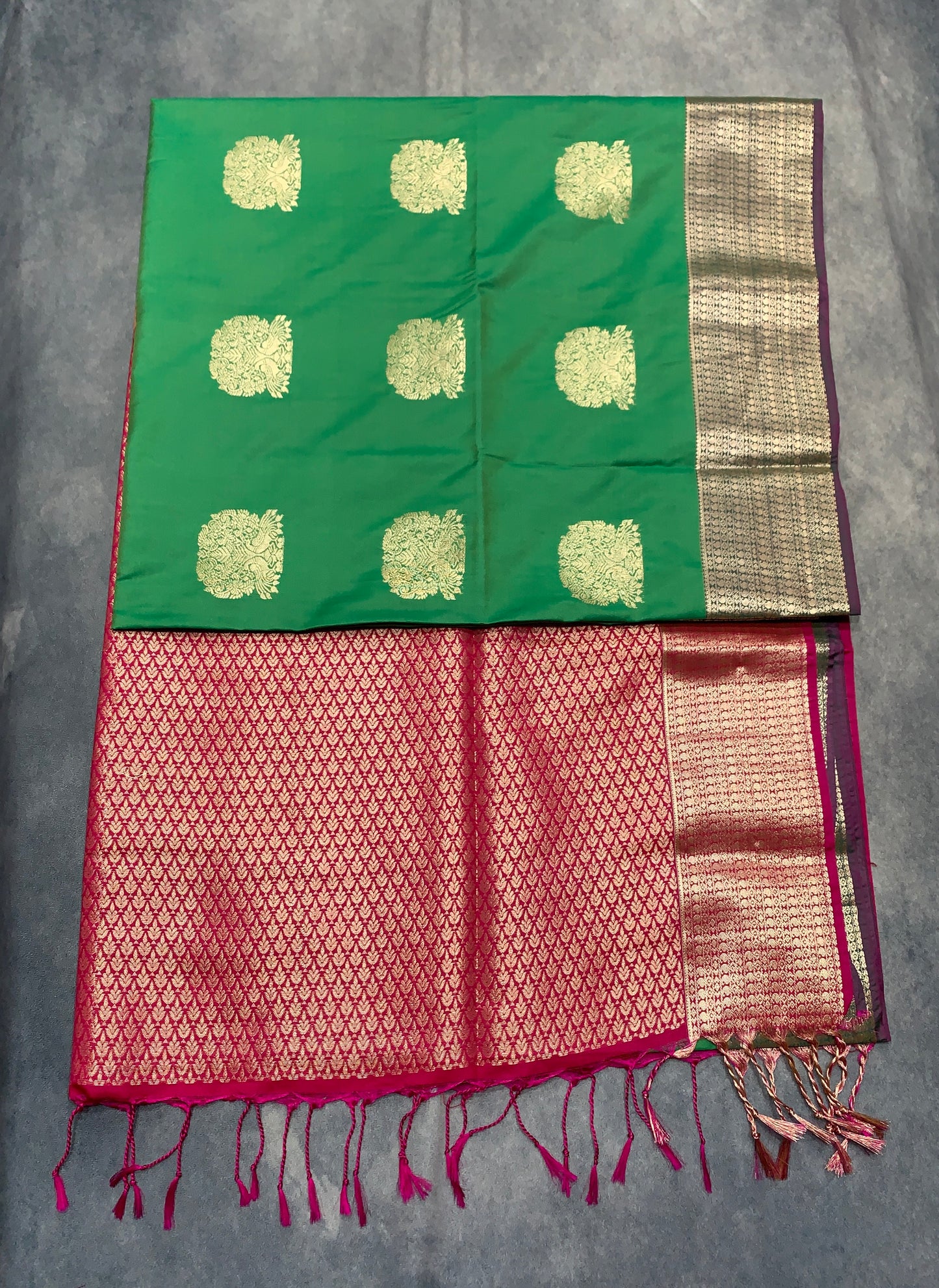 Soft Vegan Silk Saree Green Colour with Pink and Sliver Border