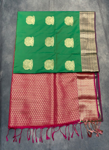 Soft Vegan Silk Saree Green Colour with Pink and Sliver Border