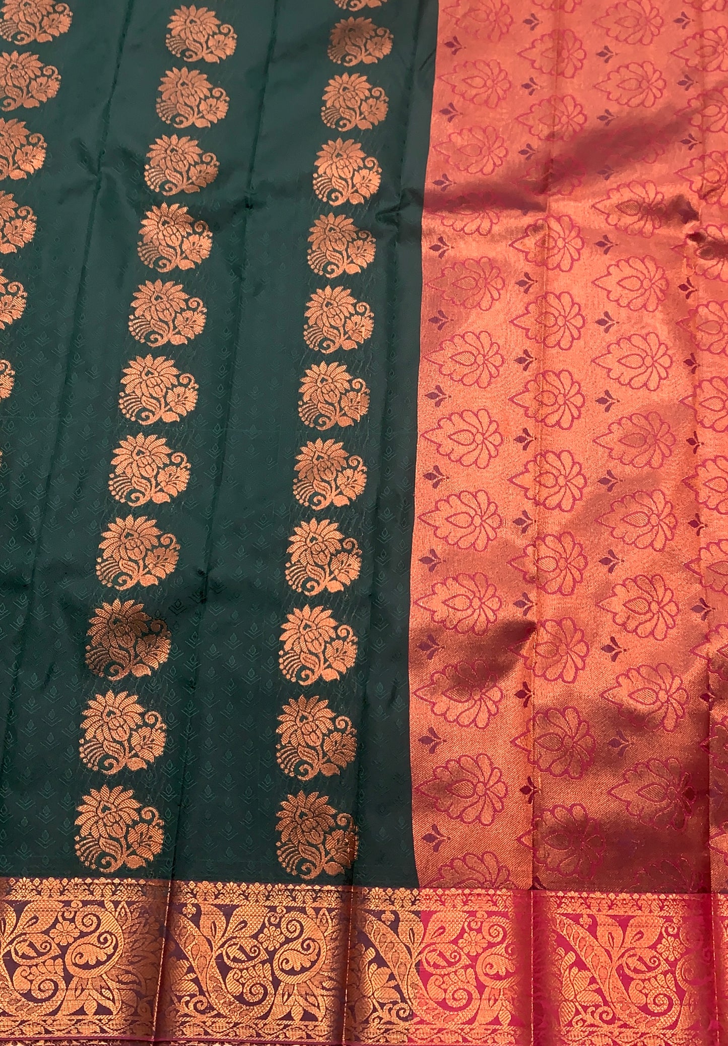 Vegan Silk Saree Green Colour Saree with Copper and Floral Design Border