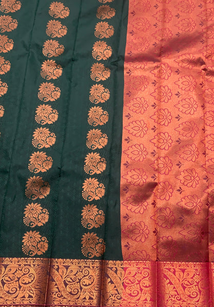 Vegan Silk Saree Green Colour Saree with Copper and Floral Design Border