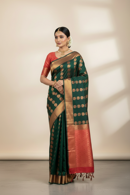 Vegan Silk Saree Green Colour Saree with Copper and Floral Design Border