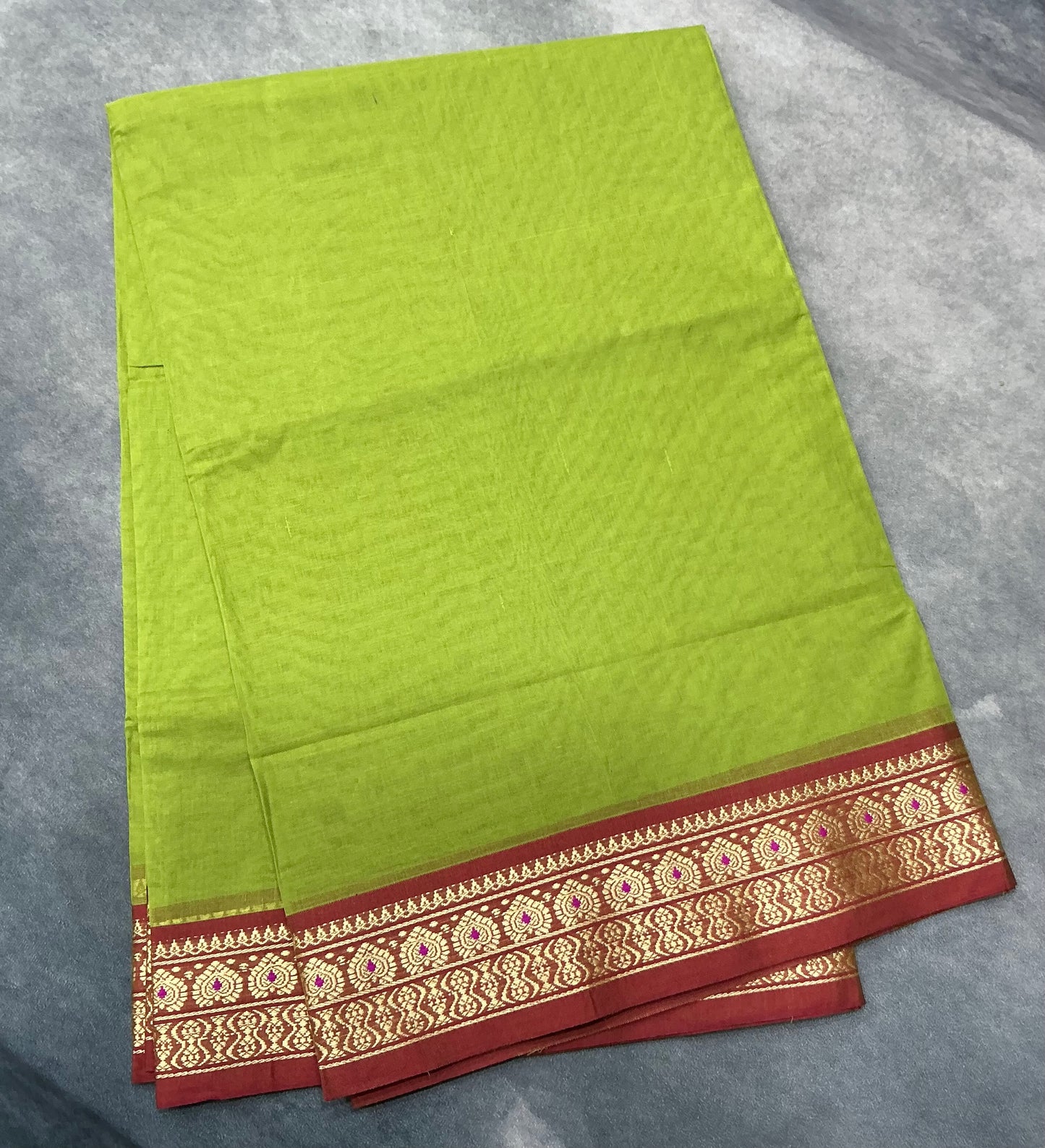Chettinad Cotton Saree Lime Green Colour with Maroon Colour with Thread Work Border