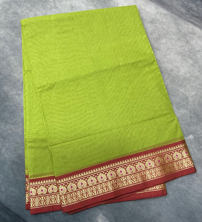 Chettinad Cotton Saree Lime Green Colour with Maroon Colour with Thread Work Border