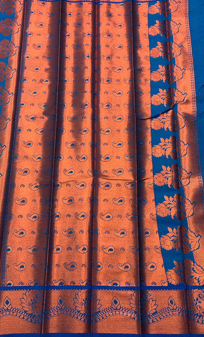 Vegan Silk Saree Maroon Colour with Copper and Blue Border