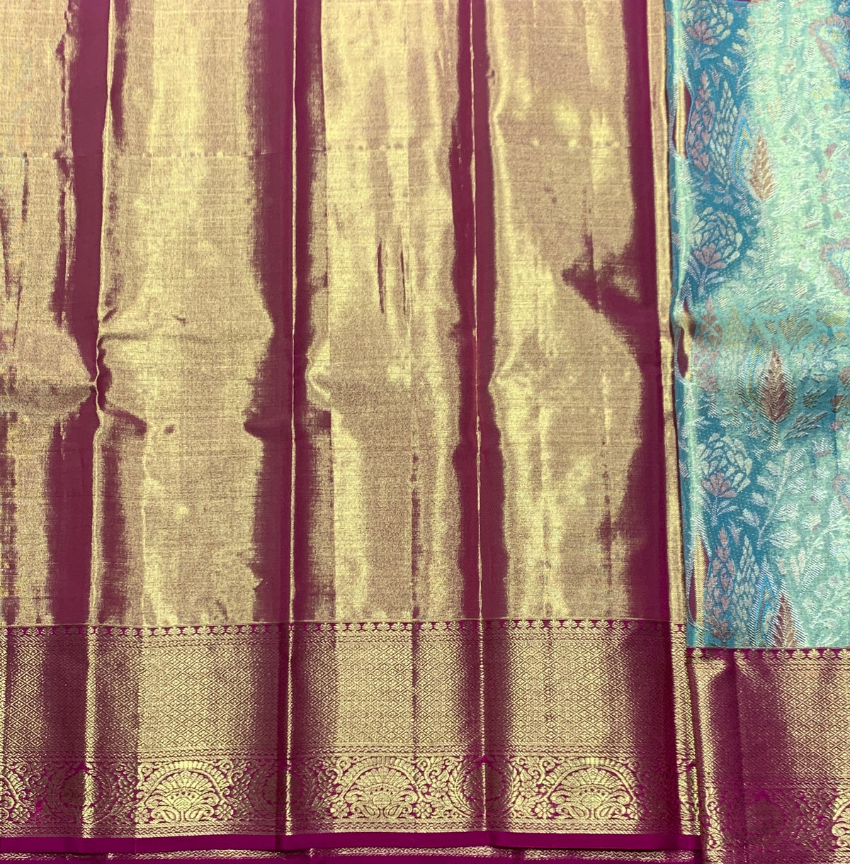 Sapphire Shade Pure Kanchipuram Kids Pattu Pavadai with Contrast Border for Newborn to 2 Years